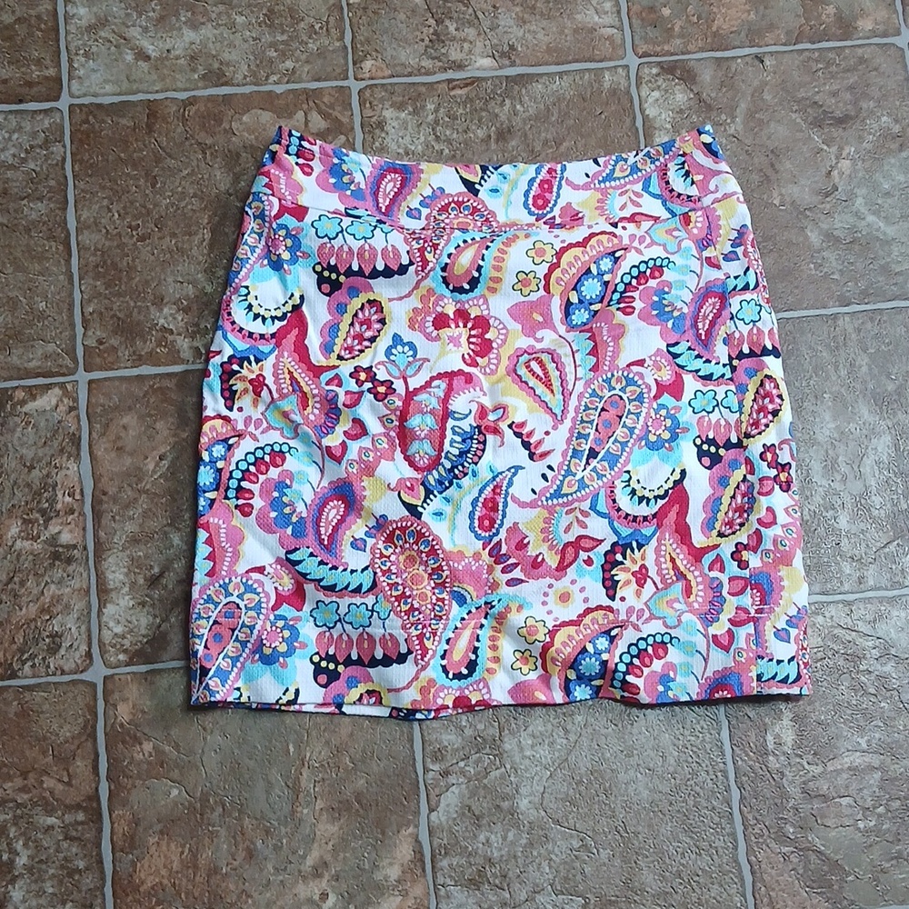 - GUC Talbots petites womens skirt paisley red pink white blue  size 2P cotton